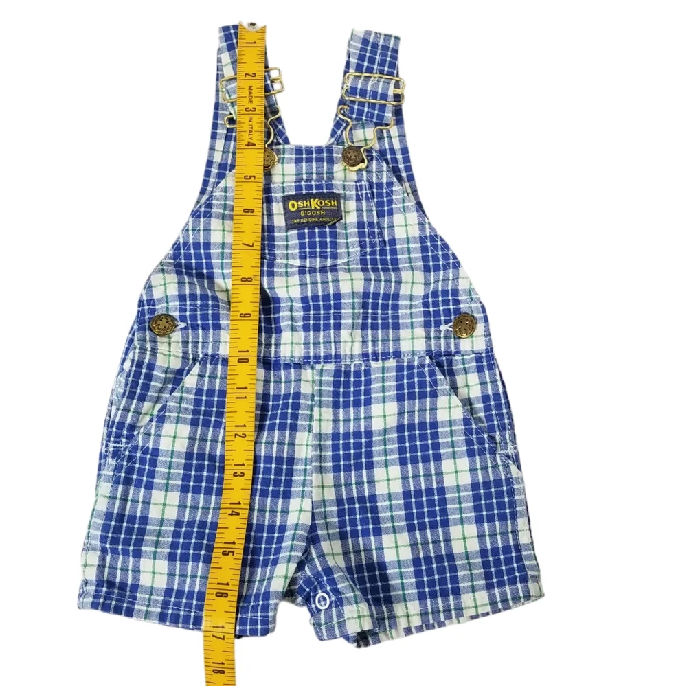 OshKosh B'Gosh Vintage 90's Shortalls Size 12M Blue White Plaid Vestbak USA